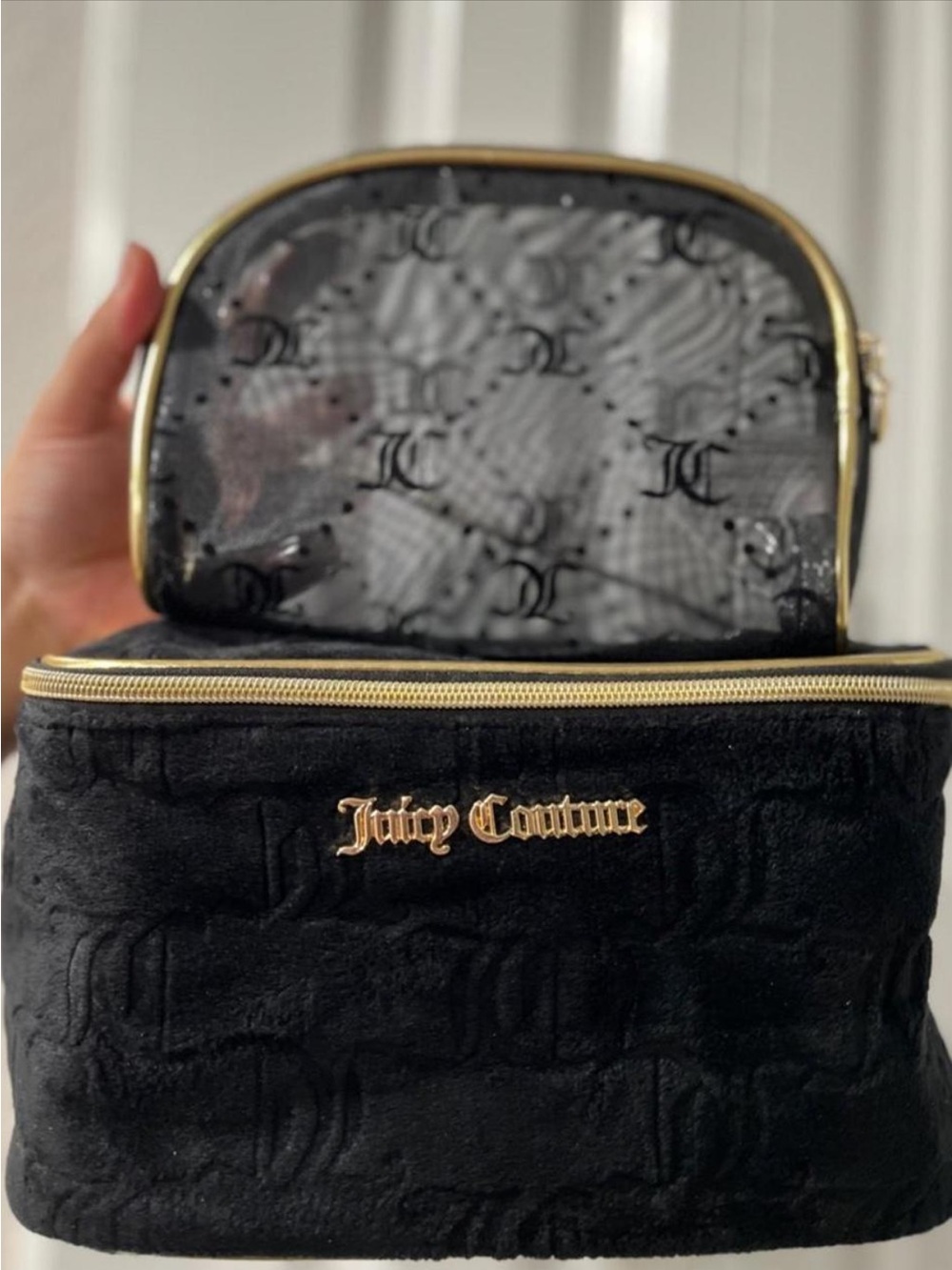 Juicy Couture Black Plush Cosmetic Train Case with Gold Trim